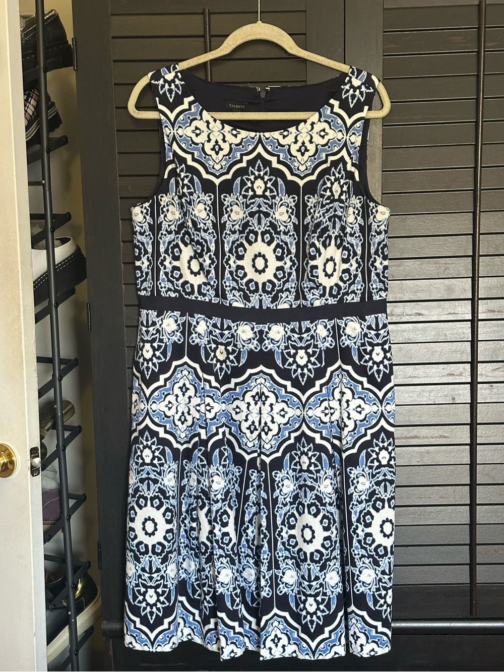 Talbots Navy and White Sleeveless Printed Fit-and-Flare Dress with pockets